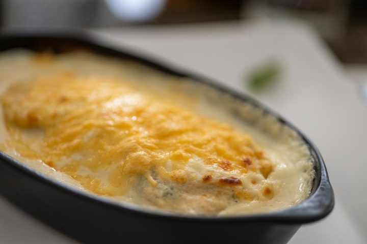 Close-up of a baked casserole dish on a table