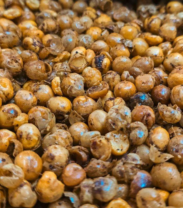Close-up of crispy roasted chickpeas with a golden brown texture