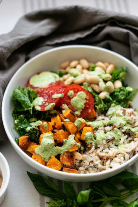 A bowl of rice and vegetables for a healthy lunch