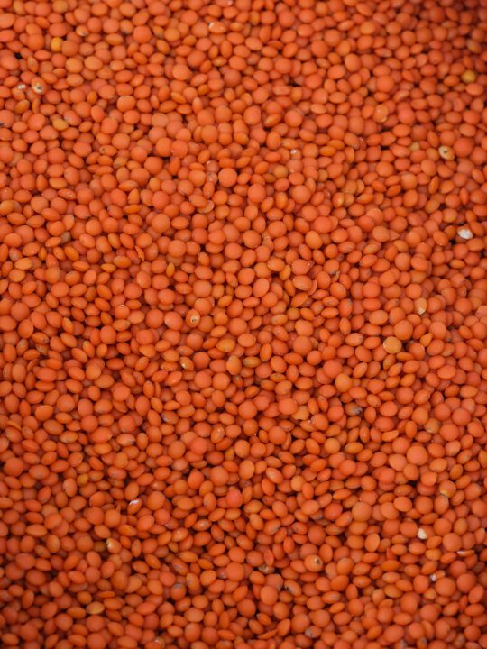 A pile of dry red lentils at a market