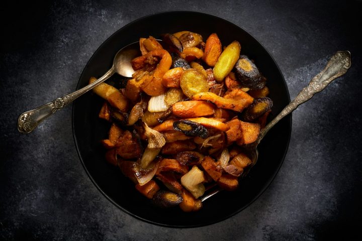 Cooked food in a black frying pan